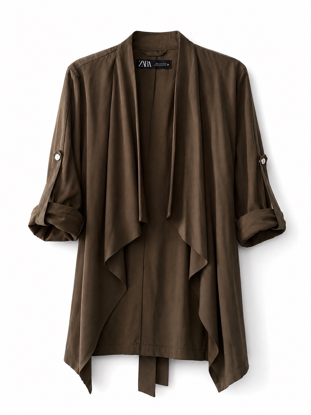 Zara Olive Brown Lightweight Draped Open Front Tie Belt Blazer Jacket Size M